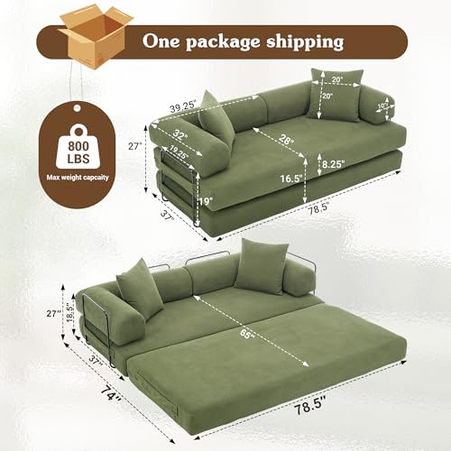 MAKIAAP 78.5'' Convertible Folding Sofa Bed, 5-in-1 Modular Floor Couch, Corduroy Small Cloud Couch, Compressed Foldable Sleeper Sofa, King Size Futon for Bedroom, Guest Room (Green) MAKIAAP
