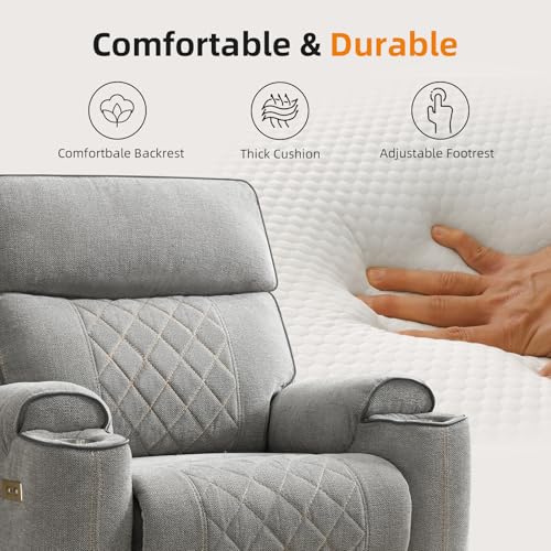 EBELLO Power Recliner Chair, Electric Fabric Reclining Sofa with Cup Holders, USB Type-C Charging Ports, for Small Living Room, Bedroom and Meeting Room, Grey