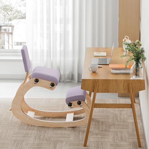 VDNEND Ergonomic Kneeling Chair with Back Support,Wooden Kneeling Chair Desk for Work, Rocking Office Kneel Chairs for Relieve Back Pain, Kneeling Posture Chairs for Gaming,Home (Light Purple) VDNEND