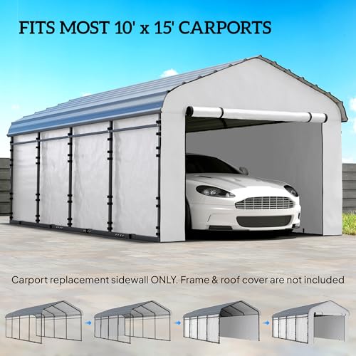 Outsunny Carport Replacement Sidewall Panels Set of 4 for 10' x 15' Carports, UPF50+ Waterproof PE Tarp Replacement Side Wall Cover with Zipper Door, Top Cover and Frame Not Included, White Outsunny