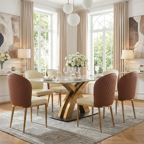 VYNARI 79 Inch Dining Table Set for 8 People, 7 Piece Rectangular Dining Table with Sintered Stone Tabletop and Leather Dining Chairs, Modern Kitchen Table for Living Room Home VYNARI