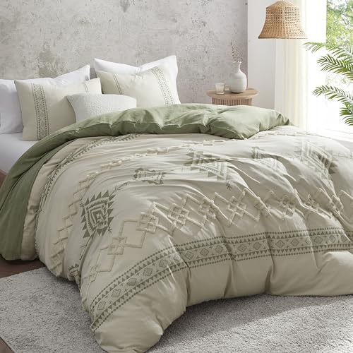Oli Anderson Boho Duvet Cover Set Queen Size, Beige and Sage Green Color Clash 3 Pieces Microfiber Bedding Set, Durable and Super Soft Duvet Covers with Zipper and Ties, 90"*90" Oli Anderson