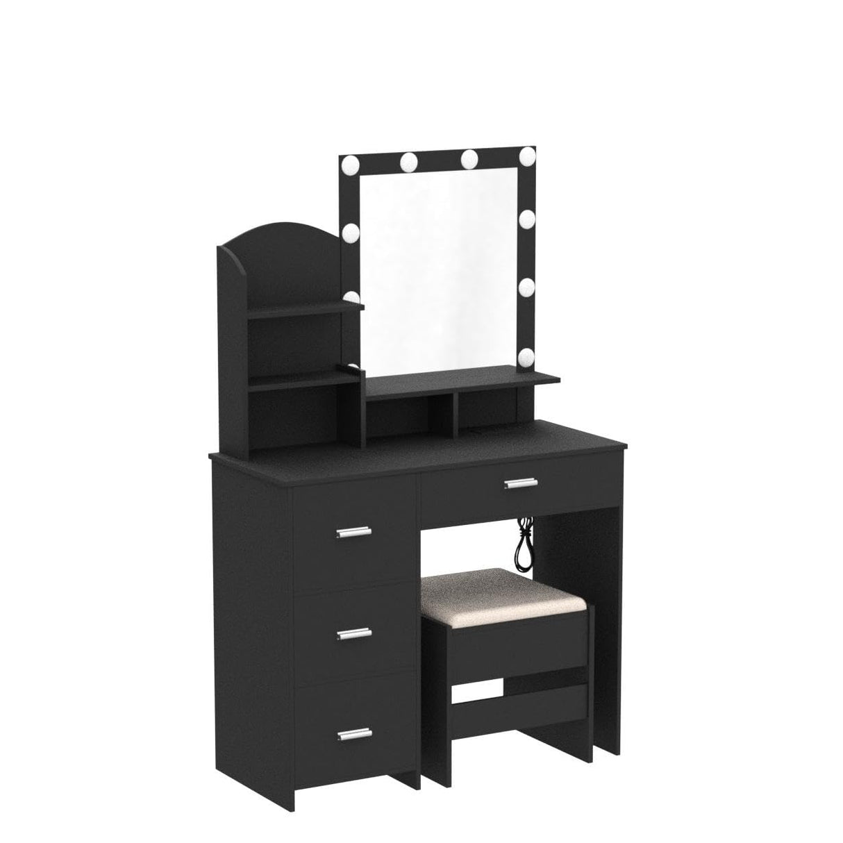 Quimoo Vanity Desk with Mirror and 10 LED Lights, Makeup Vanity with Charging Station and 4 Drawers Chest & Shelves, Vanity Set, Vanity Table with Cushioned Stool, for Bedroom, Black Quimoo