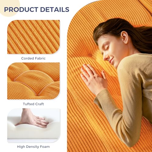 MAXYOYO Tri-Fold Mattress, 6 Inch Tufted Folding Futon Bed, Foldable Floor Couch Guest Bed Futon Portable Camping Sleeping Mat with Corded Fabric, Orange MAXYOYO