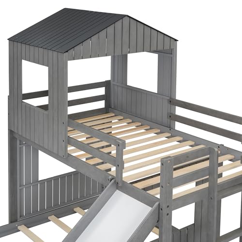 Harper & Bright Designs House Bunk Bed with Slide,Wood Twin Over Full Bunk Bed with Roof,Ladder & Safety Guardrail,Floor Bunk Loft Bed for Kids,Teens,No Box Spring Needed, Antique Grey Harper & Bright Designs