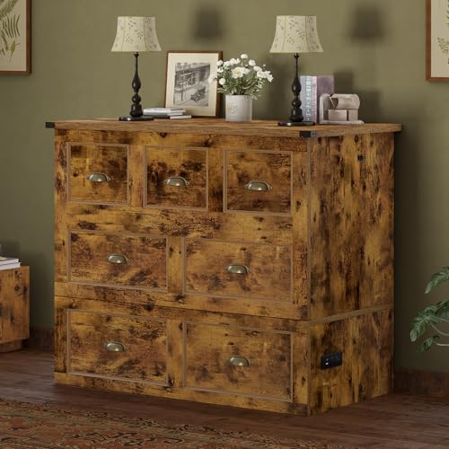 AMERLIFE Twin Size Murphy Bed, Farmhouse Wooden Cabinet with Charging Station and Storage Drawer for Bedroom/Office/Guest Room, Rustic Brown AMERLIFE