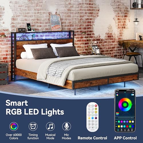Queen Bed Frame with Storage Headboard and Charging Station, Metal Bedframe with LED Lights, Queen Size Platform Bed with Heavy Duty Slats, 100% Anti-Slip Mattress, No Box Spring Needed, Rustic Brown Susalt