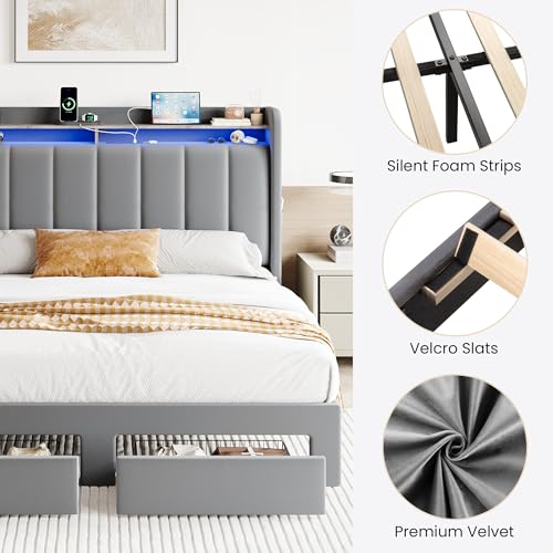 SHA CERLIN Velvet Queen Bed Frame with Vertical Channel Tufted Wingback Headboard & 2 Storage Drawers/2-Tier Shelves with LED Lights & Charging Station/Noise-Free/No Box Spring Needed/Light Grey SHA CERLIN