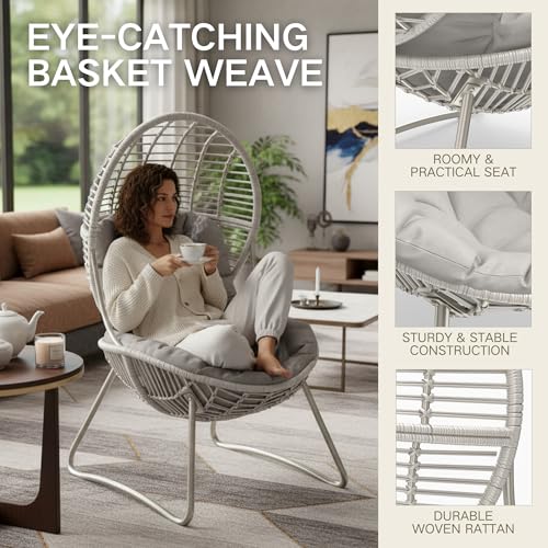 Kingdura Outdoor Wicker Egg Chair with Cushion, Oversized PE Rattan Chair, All-Weather Patio Lounge Chair for Balcony Porch Lawn & Indoor, 440LBS Capacity (Beige) Kingdura