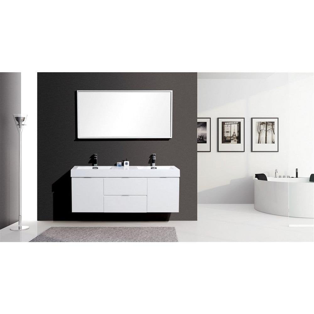 Kubebath Bliss 60" Double Sink High Gloss White Wall Mount Floating Modern Bathroom Vanity Kube Bath