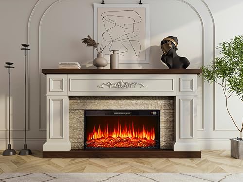 BLANKSPACE 60" Landscape Electric Fireplace with Mantel, Solid Wood Modern Entertainment Center TV Stand, Replaceable 30" Fireplace Insert Heater, for Living Room, Bedroom BLANKSPACE