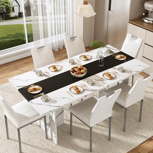 St.Mandyu 7 Pieces Dining Table & Chairs Set for 4-8 People, 71 Inch Kitchen Table with 6 Chairs, Rectangle Dining Table with Wooden Legs for Dining Room, Living Room, White St.Mandyu