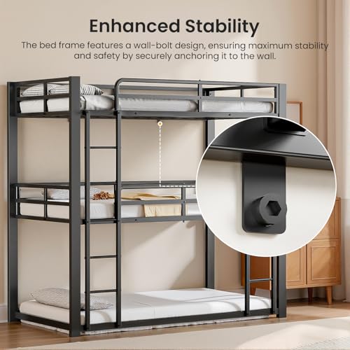 Miscoos Heavy Duty Triple Bunk Bed, Twin Over Twin Over Twin Metal Bunkbeds with Ladder, Family-Friendly for All Ages, Bedroom, No Box Spring Needed, Easy Assembly, Black Miscoos
