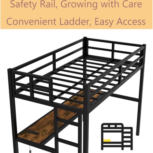 Anwick Metal Loft Bed with Stairs,Bunk Bed with Desk and Guardrail for Kids Boys Girls,Loft Bed Frame with Charging Outlet & LED Lights,Noise-Free, Black (Twin XL) Anwick