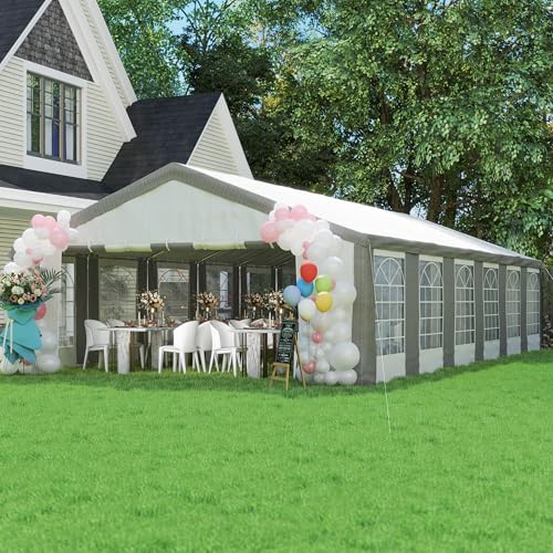 Outsunny 20 x 40 ft Heavy Duty Party Tent Outdoor Gazebo Wedding Tent Event Shelter Carport BBQ with Removable Sidewalls & Windows, Outside Waterproof Canopy for Parties, White and Gray Outsunny