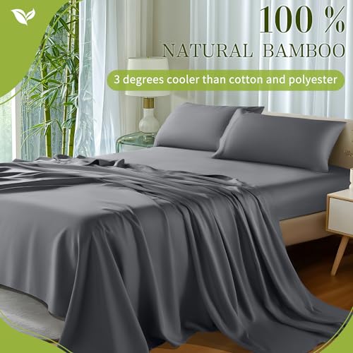 Shilucheng 100% Viscose Derived from Bamboo_ Sheets Queen Size 4pcs - Ultra Cooling & Silky Soft Bed Sheets, 16" Deep Pocket, Perfect for Hot Sleepers, Hotel Bedding Sheets (Dark Grey) Shilucheng