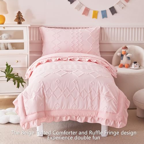 AIKASY Toddler Bedding Set 4 Pieces Super Soft Comforter Set, Shabby Boho Bohemian Design for Boys and Girls(Ruffle Fringe Comforter, Flat Sheet, Fitted Sheet and Pillowcase)- Coral Pink AIKASY