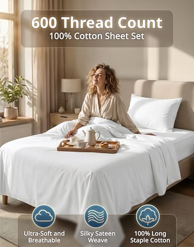 LANE LINEN Twin Sheets Set - 600 Thread Count Premium Sateen Weave for Gentle Feel On Your Skin - 100% Cotton Sheet Set for Hotel Quality Softness - Fits Mattresses Upto 15'' Deep - White LANE LINEN