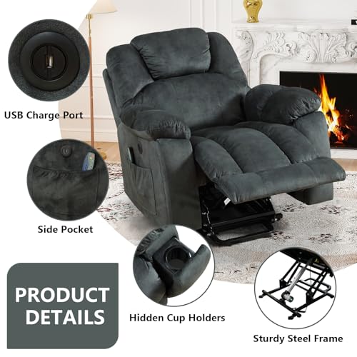 ANJ Large Power Lift Recliner with Hidden Cup Holders for Elderly, Large Electric Reclining Lift Chair with Massage and Heat, Overstuffed Lifting Chairs with Side Pockets for Living Room, Dark Green