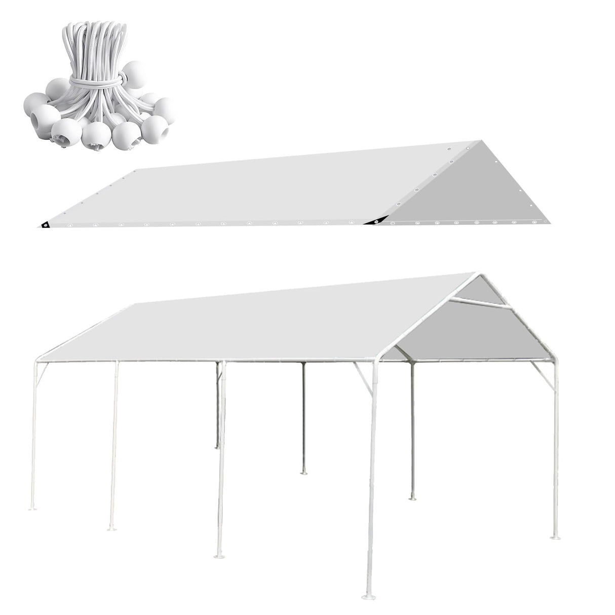 HFYZZ 10 x 20 Ft Heavy Duty Carport Replacement Canopy Waterproof UV Protected Garage Top Shelter Tarp Tent Cover with 44 Ball Bungees Cords, Only Top Cover, White HFYZZ