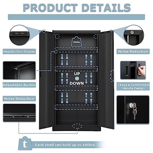 YEEZER Metal Storage Cabinet 71” with 2 Doors and 4 Adjustable Shelves, Garage Steel Locking Cabinet, Tall Cabinets Lockable File Cabinet for Home, Office, Garage, Gym, School. (Black) YEEZER