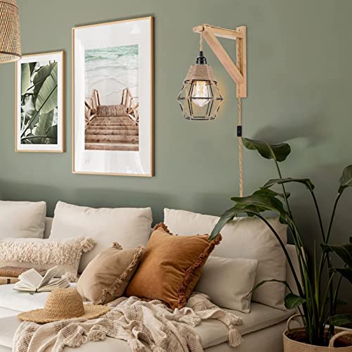 Frideko Wall Lamp with Plug in Cord - Plug in Wall Sconces, Farmhouse Hanging Lamps That Plug into Wall Outlet, Rustic Wall Mount Lamp with Wood Shelf Bracket & Switch Cord for Living Room, Bedroom FRIDEKO HOME