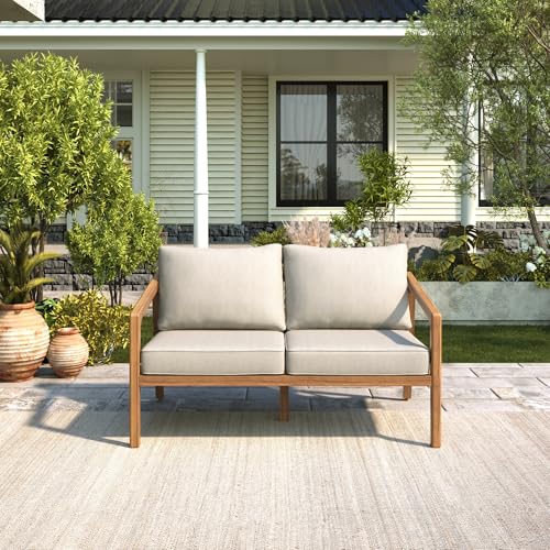Christopher Knight Home Westin Acacia Wood Patio Loveseat Sofa with Cushion, Outdoor 2-Seater Sofa with Removable Cushions, Patio Furniture Sofa for 2, Teak+Beige Christopher Knight Home