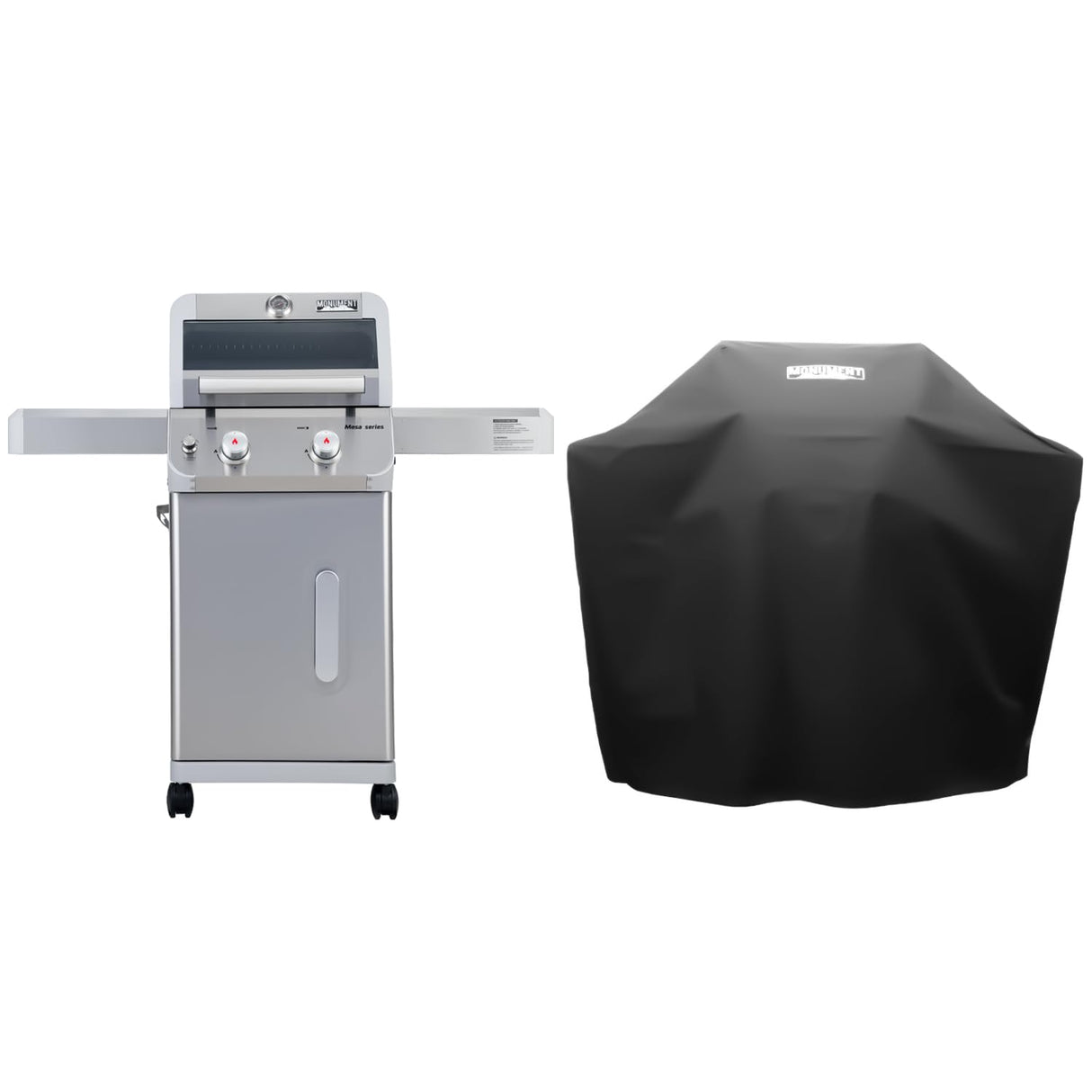 Monument Grills 2-Burner Stainless Steel Liquid Propane Gas Patio Garden Barbecue Grill with Clearview® Lid, Knob Control, and Two Foldable Shelves Mesa200S with BBQ Cover Monument Grills