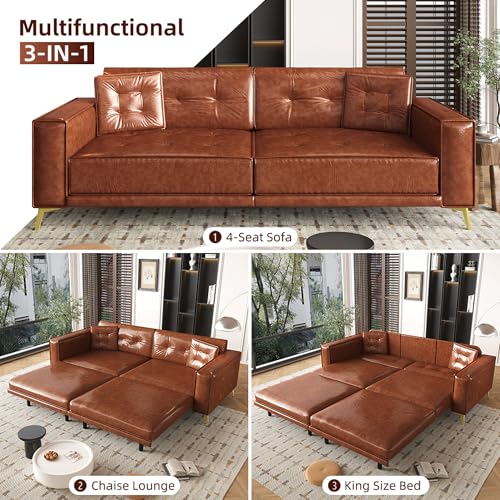 Tabaray 92.1'' King Pull Out Sofa Bed, Convertible Futon Couch, 3-in-1 Faux Leather Sleeper Sofa with Tufted Back, 2 Pillows, Gold Legs, Deep Folding Loveseat for Living Room, Apartment, Light Brown Tabaray
