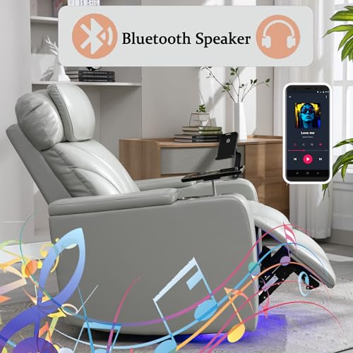 QKFF Zero Wall Power Recliner with Bluetooth Speaker & USB Ports - Home Theater Electric Recliner Chair with Cup Holder, Arm Storage, LED Lights, Phone Holder & Removable Tray Table