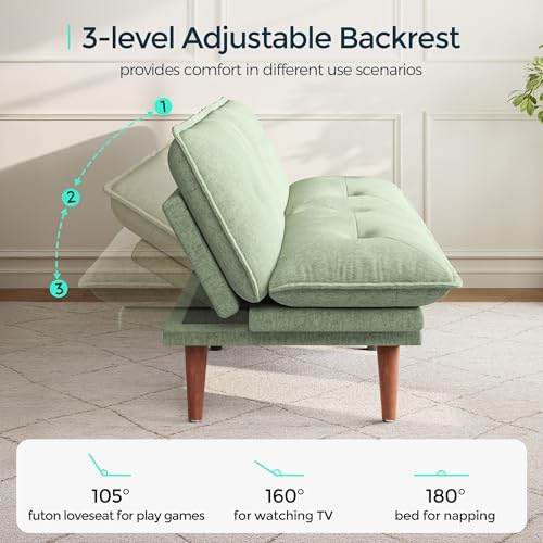 LINSY HOME Futon Sofa Bed, 70" Chenille Futon Couch with Adjustable Backrest Armrest, 3 in 1 Convertible Comfy Loveseat Sleeper Sofa Bed for Small Spaces Dorm Room Apartment Home Office, Light Green LINSY HOME