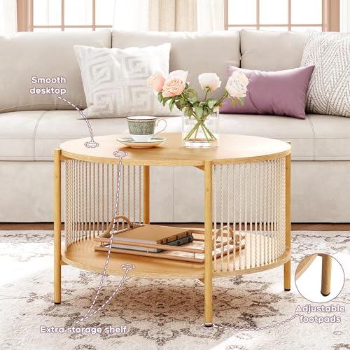 Brafab 4-Piece Living Room Table Set, 60" Boho TV Stand with Hand-Woven Ropes, Round Rattan Coffee Table & 2 Side Tables Brafab