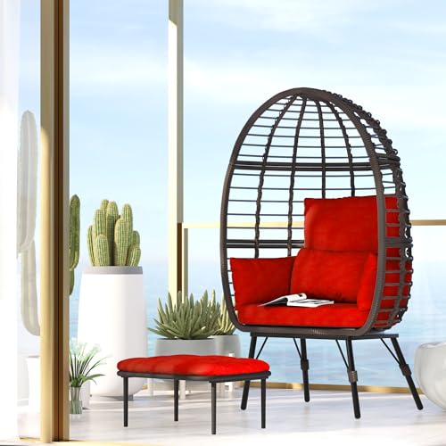 Gardenbee Wicker Egg Chair with Cushion, Indoor Outdoor Lounger for Patios, Living Room, PE Rattan Chair Steel Frame, Strong Load Capacity, Red Cushion Gardenbee