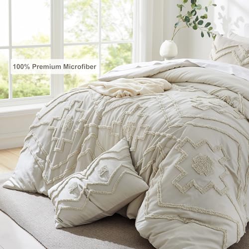 Oli Anderson Boho Tufted Comforter Set Queen Size, 3 Pcs Soft Jacquard Bedding Set for All Seasons, Shabby Chic Farmhouse Bedding Set with Comforters for All Seasons (Beige, Queen) Oli Anderson