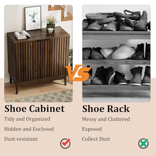 Morwdxef Shoe Cabinet with Slatted Doors, 4-Tier Freestanding Shoe Cabinet Storage for Entryway, Narrow Entryway Shoe Organizer Cabinets with Shelves (Walnut, 31.5" Wide) Morwdxef