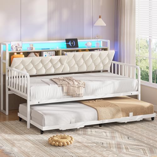 ADORNEVE Daybed with Trundle, Twin to King Daybed with Charging Station & LED Lights, Metal Trundle Bed Twin with Hidden Storage Headboard, Upholstered Sofa Day Bed for Living Room, Bedroom, White ADORNEVE