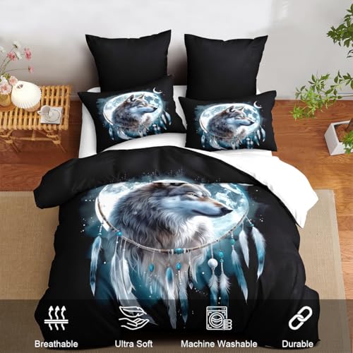 CCoutueChen Wolf Comforter Set King Size, Wolves Moon Bedding Set, Dream Catcher & Animal Pattern on Black Bedding, Western Boho Tribal Comforter Soft Microfiber Down Quilt 3 Pieces CCoutueChen