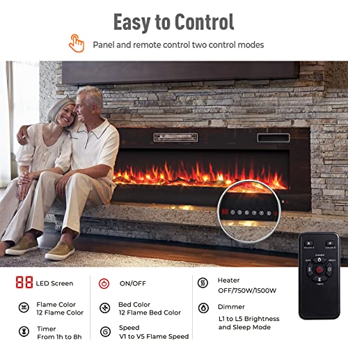 RELAX4LIFE 68" Recessed and Wall-Mounted Electric Fireplaces - Electric Fireplace Inserts with Remote Control, 1-8 Hours Timer, Touch Screen, 12 Adjustable Flames, 5 Speeds, 750/1500W Wall Fireplace RELAX4LIFE