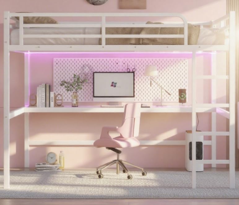 Bellemave Loft Bed Queen Size with Desk, Queen Size Metal Loft Bed Frame, Queen loft Bed for Adults, Kids, Teens, White with Desk Bellemave