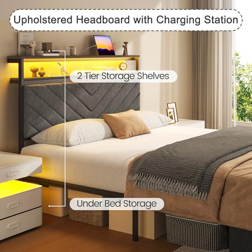 Fluest Twin Bed Frame with Storage Drawers, Upholstered Headboard with Charging Station, LED Lights, Fabric Drawers with Wheels, Under Bed Storage, No Box Spring Needed, Easy Assembly, Grey Fluest