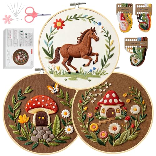 Santune 3 Pack Embroidery Kit Cross Stitch Needlepoint Kits for Beginners Adult Needle Point Sets with Mushroom & Horse Embroidery Patterns, Includes Step-By-Step Instructions & Accessories
