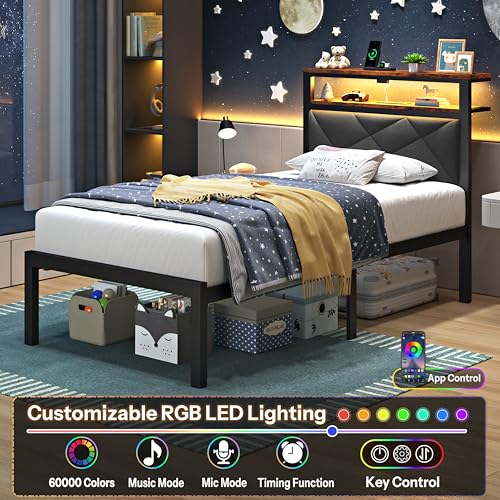 ChicZhiNest Twin Size Bed Frame with 2 Tier Upholstered Storage Headboard and Under Bed Storage,Platform Bedframe with LED Lights and Charging Station, No Box Spring Needed,Easy Assembly,Grey ChicZhiNest