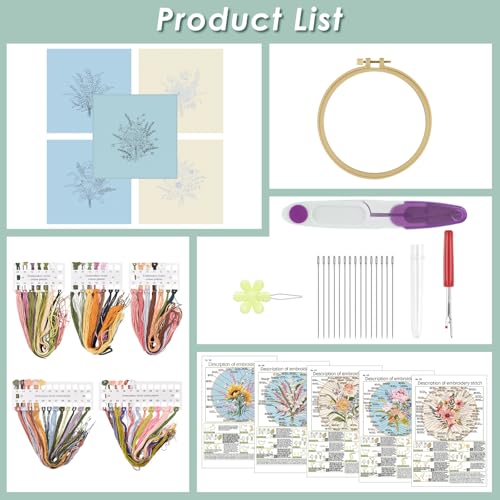 ERKOON Embroidery Kit for Beginners, 5 Sets Flower Cross Stitch Set for Adults Include Embroidery Cloth Hoops Threads for Craft Lover Hand Stitch with Skill Techniques (Bouquet)