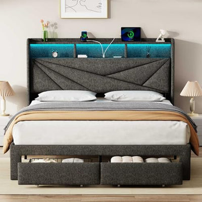 Driftalia LED King Size Bed Frame with 2 Storage Drawers, Upholstered King Bed Frame with Headboard and Charging Station, No Box Spring Needed, Easy to Assembly-Dark Grey