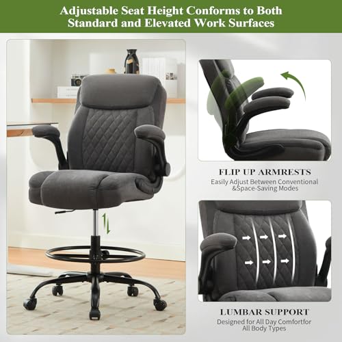 Drafting Chair Tall Office Chair for Standing Desk, Ergonomic Tall Desk Chair with Adjustable Foot Ring, Flip-Up Armrests, Lumbar Support, Comfortable Fabric Seat โ Ideal for Home and Office Use MAHOMICO