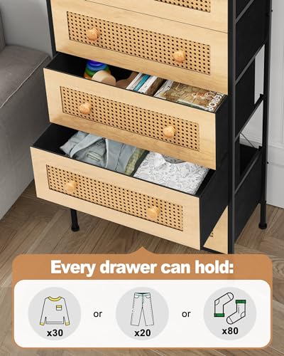 Crestlive Products Rattan Dresser Storage Tower, Tall Fabric Dresser, Chests of Drawers, Wood Top &Wood Handles - Organizer Unit for Bedroom, Hallway, Entryway, Closets - 5 Drawers (Natural) Crestlive Products