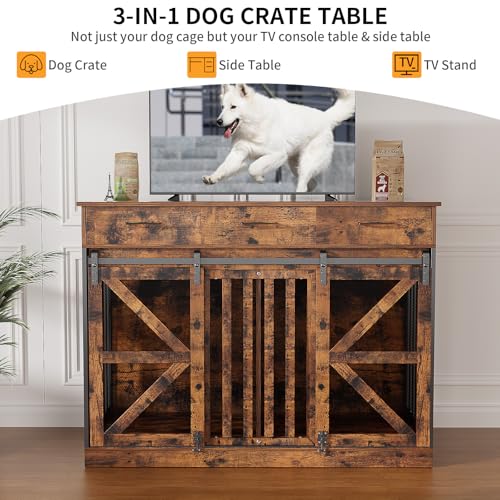 kepptory 48 Inch Large Dog Crate Furniture with 3 Storage Drawers, Wooden Pet Kennel with Removable Divider, Dog Kennel End Table TV Stand, Farmhouse Style Dog Crates with Sliding Barn Door (Brown) kepptory