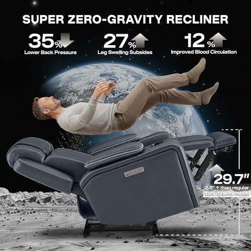 Watson & Whitely Super Zero Gravity Recliner Chair, Oversized Genuine Leather Electric Recliner W Power Adjustable Headrest & Lumbar Support Hidden Storage for Living Room, Navy Blue
