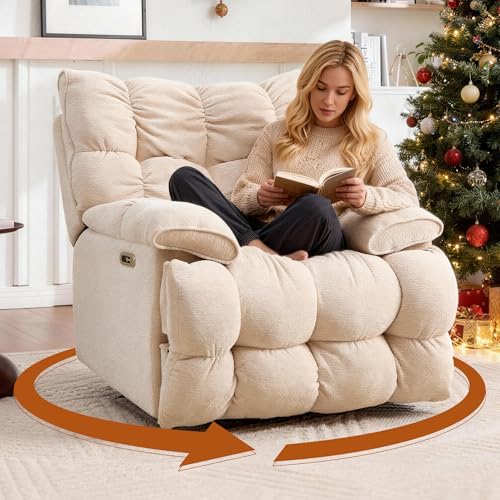 Atrtivoent Oversized Swivel Power Rocker Recliner,Electric Recliner Chairs for Adults,Extra Wide Seat Recliners,Upholstered Nursery Reclining Glider Chair,Swivel Chairs for Living Room,Beige