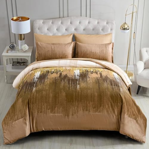 WONGS BEDDING Brown Comforter Set Queen,7 Pieces Bed in a Bag Abstract Art Gradient Comforter Soft Microfiber Bedding Set -1 Comforter, 1 Flat Sheet, 1 Fitted Sheet, 2 Pillow Shams,2 Pillowcases WONGS BEDDING